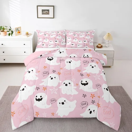 Miniatura 4 de Feelyou Juego de edredón de Halloween, color rosa fantasma, juego de ropa de cama tamaño individual, decoración para niños y niñas, lindo juego