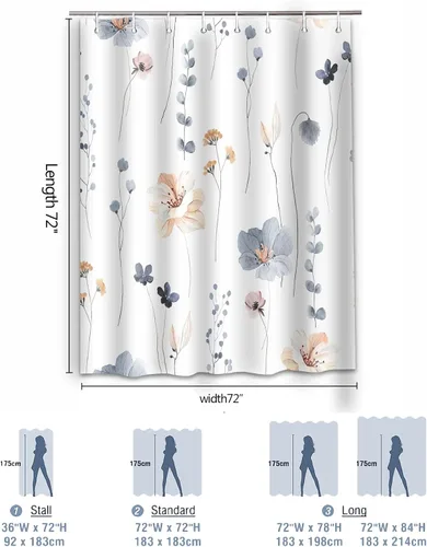 Miniatura 2 de Juego de cortinas de ducha – Cortina de baño floral con flores azules y beige, cortina de ducha para baño, juego de cortina de ducha de tela
