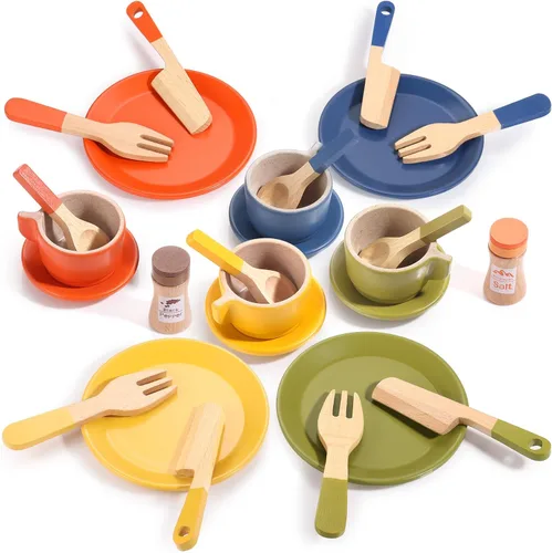 GAGAKU Conjuntos de Comida de Juguete de Madera para Cocina de Niños, Juguetes de Comida de Juguete de Madera Montessori con Platos y Vajilla para