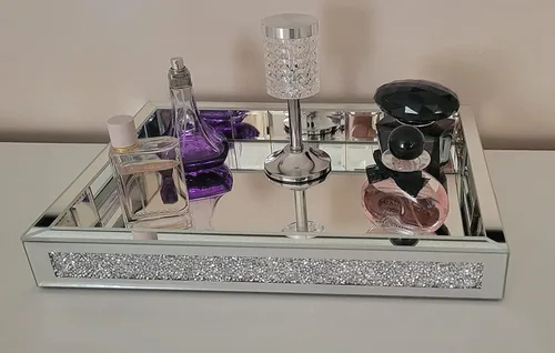 Miniatura 2 de Wocred Organizador de joyas de espejo para tocador de dormitorio, bandeja de baño de diamantes triturados con asas, bandeja de perfume, bandeja