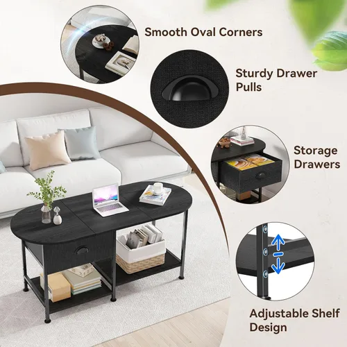 Miniatura 4 de Mesa de centro ovalada pequeña de 37 pulgadas con almacenamiento, mesa central de madera moderna para espacios pequeños, apartamento, oficina