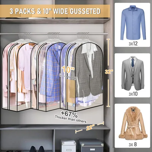 Miniatura 2 de MISSLO Bolsas de ropa transparentes de 32 pulgadas para colgar ropa, bolsas de traje reforzadas de 10 pulgadas para almacenamiento de armario, funda