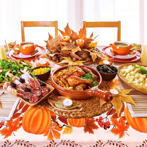 Miniatura 4 de Hosuly 3 manteles desechables de plástico de otoño para mesa rectangular de Acción de Gracias de 54 x 108 pulgadas, cubierta de mesa de hojas