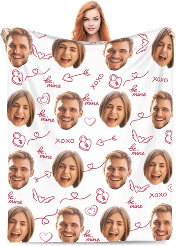 Manta de fotos personalizada para parejas, 30 x 40 pulgadas, divertida manta de franela de forro polar suave con patrón de corazón sin costuras para