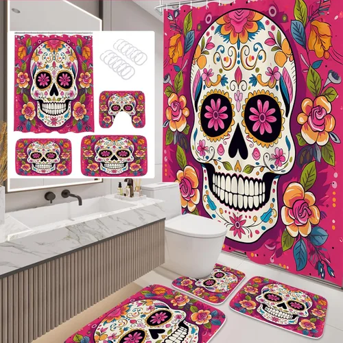 Juego de 4 cortinas de ducha vintage góticas florales con alfombras, juego de baño rústico de calavera de Halloween con juego de cortina de ducha y