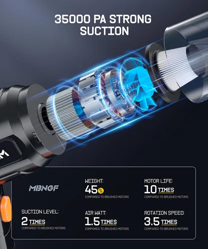 Miniatura 3 de MBNGF Aspiradora portátil inalámbrica para automóvil, succión y soplador de alta potencia de 35000 PA, aspiradora de mano inalámbrica