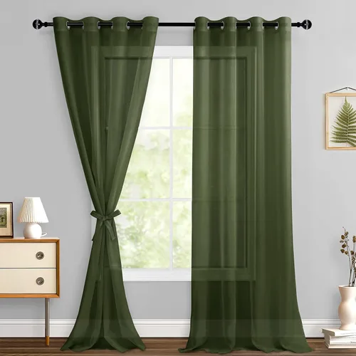 Miniatura 46 de Hiasan - Cortinas traslúcidas de gasa cortas semitransparentes con ojales y alzapaños filtrantes de luz para ventana, dormitorio, baño, 2 paneles