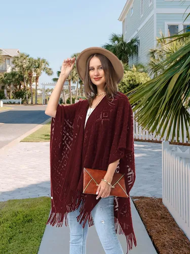 Miniatura 23 de Soul Young - Chal de punto para mujer, poncho con flecos y capa