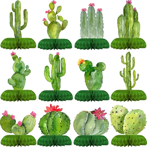 Paquete de 12 decoraciones de mesa de cactus, decoraciones de fiesta de cactus para cumpleaños de niños y baby shower, adornos de mesa de cactus