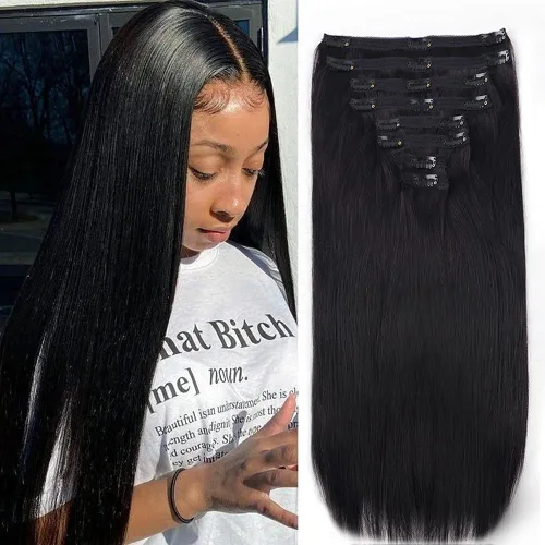 Miniatura 33 de Extensiones de cabello humano real con clip, 8 unidades, cabello humano Remy liso de seda suave natural, 4.23 oz, 20 pulgadas, negro natural #1B, 8