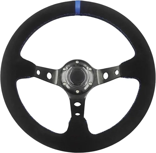 Miniatura 12 de Volante universal de carreras de 6 pernos 320mm 12.5" de cuero genuino negro con agarre, marco de aluminio, volante deportivo de llanta profunda