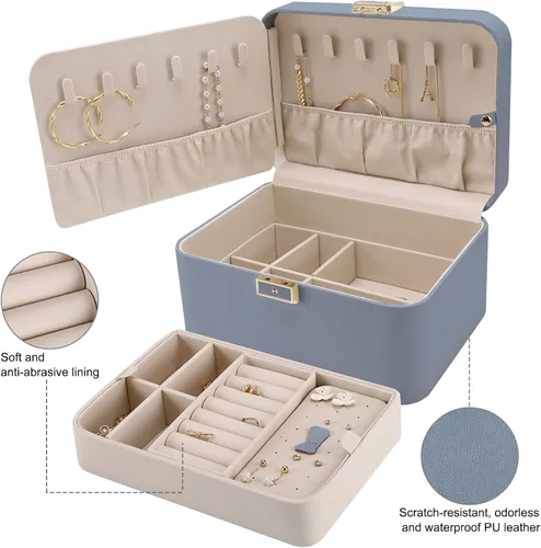 Miniatura 4 de KAMIER Caja organizadora de joyas, 2 capas de piel sintética, gran capacidad, doble cerradura y espejo grande, ganchos ocultos para collares
