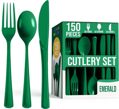 Miniatura 8 de Party Solids Cerise - Cubiertos de plástico resistentes, 150 piezas de cubiertos desechables de Cerise, juego de utensilios, 50 de cada tenedor