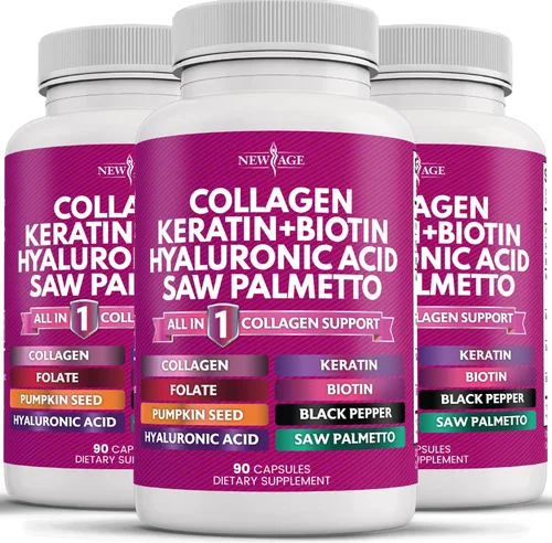Miniatura 10 de NEW AGE Píldoras de Colágeno Biotina Queratina Saw Palmetto Ácido Hialurónico - Vitamina E Ácido Fólico Semilla de Calabaza MSM - 90