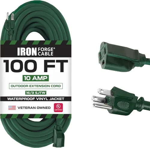 Iron Forge Cables Extensión de cable para exteriores – 16/3 de alta resistencia color verde, Verde, IFC-163G100