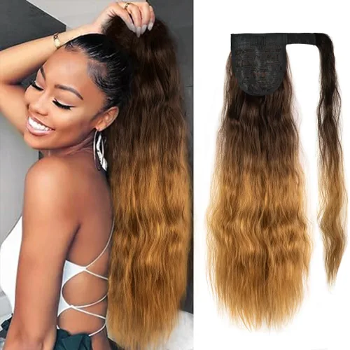 Miniatura 8 de rosmile Extensión de cola de caballo con ondas de maíz, alrededor de 26 pulgadas de largo, rizada, ondulada, extensión de cola de caballo sintética