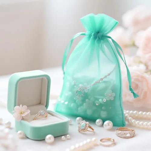 Miniatura 5 de G2PLUS 25 bolsas de organza azul aguamarina de 5 x 7 pulgadas, bolsas de malla transparente para joyas, bolsas de regalo de organza con cordón