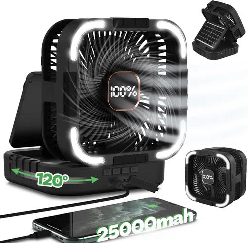 Ventilador solar de campamento de 25000 mAh, ventilador solar recargable de oscilación de 120° con luz LED, 6 velocidades ajustables, ventiladores