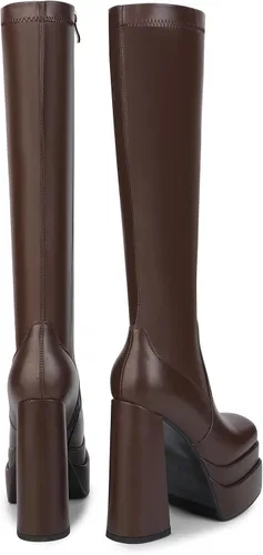 Miniatura 3 de wetkiss Botas altas hasta la rodilla con plataforma apilada para mujer, tacón alto grueso, botas de piel sintética negra, punta cuadrada, cremallera