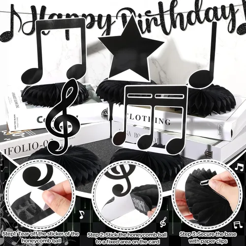 Miniatura 7 de Decoraciones de fiesta musical, nota musical negra, pancarta de feliz cumpleaños, mantel de notas y 5 piezas de mesa de panal de abeja, decoración