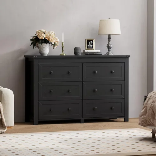 Miniatura 3 de Wodeer - Cómoda moderna, 6 cajones, negro, asas de metal, almacenamiento de clóset, organizador