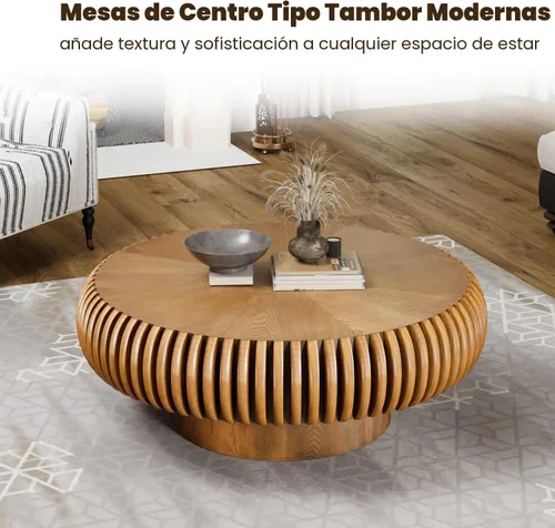Miniatura 3 de Mesa de centro de tambor de 31.5 pulgadas, moderna y única, mesa de té acanalada, mesa de centro redonda de madera contemporánea con mesa central