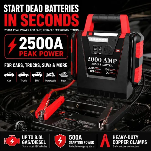 Miniatura 2 de Arrancador con compresor de aire, arrancador de batería de coche de 2000A, inflador de neumáticos de 260 PSI, amplificador de batería de plomo-ácido