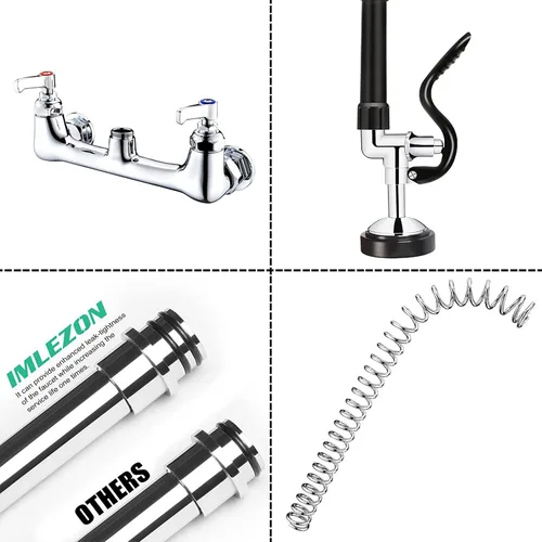 Miniatura 7 de Grifo comercial con rociador de 21 pulgadas de altura, 8 pulgadas de centro, montaje en pared, grifo de fregadero de cocina de construcción de latón