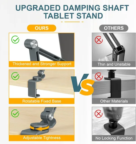 Miniatura 5 de Houele Soporte y Base para Tableta, Brazo Plegable Ajustable para Tableta iPad Soporte de Escritorio con Base Giratoria de 360°, Soporte para Gris