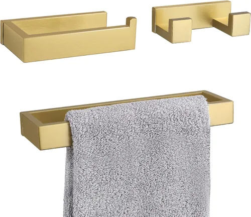 Juego de 3 piezas de accesorios de baño de oro cepillado, juego de toallero de acero inoxidable SUS304, soporte para toallas, gancho para bata,