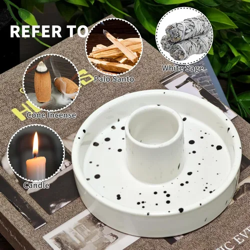Miniatura 4 de Gute Soporte de cerámica de Palo Santo, hecho a mano, colector de cenizas moteadas blancas, quemador de incienso para palitos de palo santo, salvia