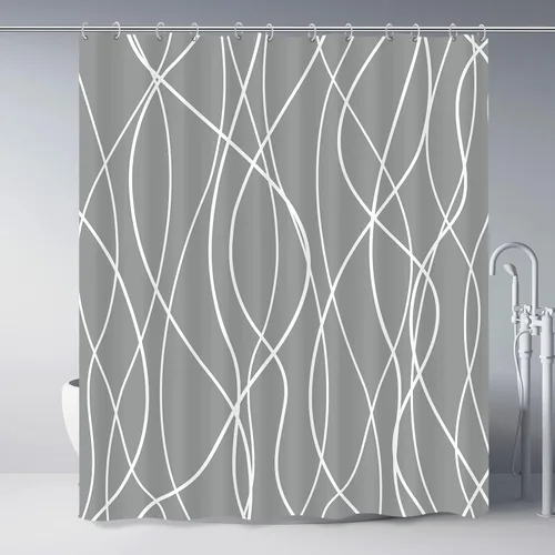 Miniatura 40 de Juego de cortinas de ducha azul egeo para baño con ganchos, cortinas de baño decorativas repelentes al agua y lavables con rayas blancas, 72 x 72