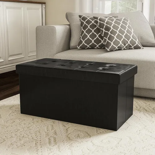 Miniatura 2 de Ottoman Negro piel sintética – Banco de almacenamiento, genial como un asiento doble o un apoya pies, mesa de centro, organizador de juguetes