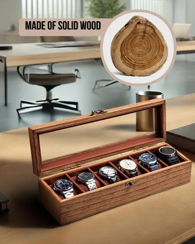 Miniatura 7 de Caja de reloj para hombres y mujeres, tapa de cristal grande, caja de almacenamiento de madera con 6 ranuras, organizador retro Burlywood