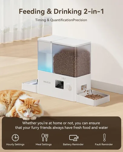 Miniatura 2 de ROJECO Comedero automático para gatos y dispensador de agua, 36 tazas/8.5 L, cuencos de acero inoxidable 2 en 1, dispensador de comida para gatos