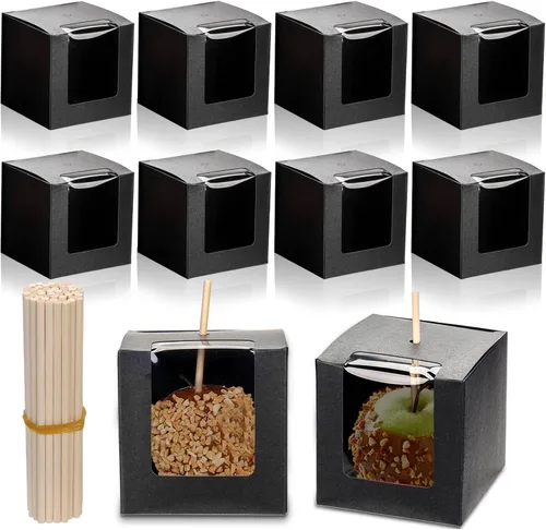 ZEAYEA Paquete de 50 cajas de manzana de caramelo con agujero y palos, caja de regalo de manzanas de caramelo de 4 x 4 x 4 pulgadas con ventana