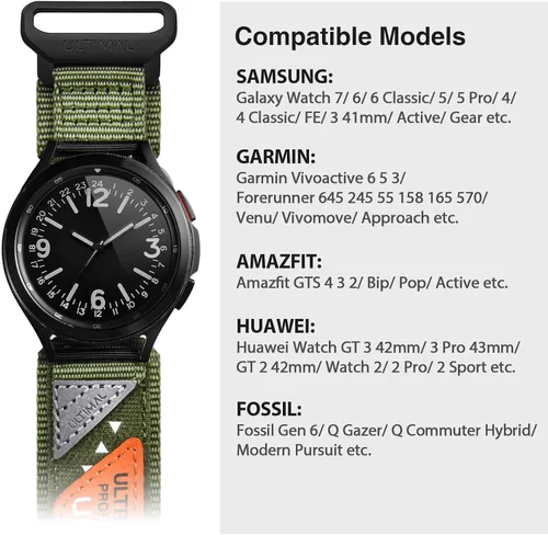 Miniatura 4 de ULTIMAL Correa de reloj de 0.787 pulgadas compatible con Samsung Galaxy Watch 7, 6, 5, 4, FE/6, 4, Classic/5 Pro, correa de nailon de liberación