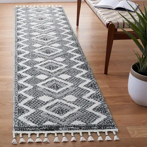 SAFAVIEH Tapete grueso marroquí con borlas, 2 pies 2 pulgadas x 9 pies, color marfil y negro, no desprende pelusa y de fácil cuidado, 0.75 pulgadas