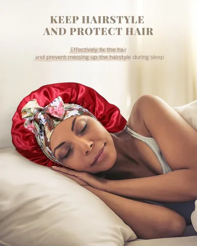 Miniatura 2 de Gorro largo de satén para trenzas, capó de seda para dormir, banda elástica para mujeres negras, cabello rizado Borgoña