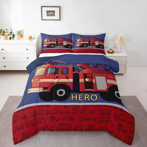 Miniatura 21 de Erosebridal Juego de edredón de camión de bomberos para niños, juego de ropa de cama de panal rojo brillante con diseño de panal de abeja