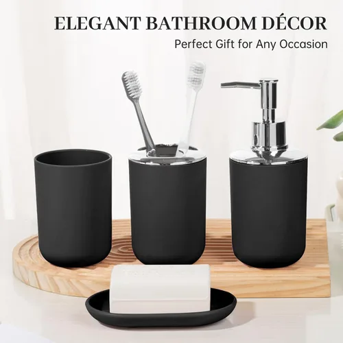 Miniatura 6 de Juego de accesorios de baño, 4 piezas de plástico incluyen dispensador de jabón, jabonera, soporte para cepillo de dientes, taza para enjuague