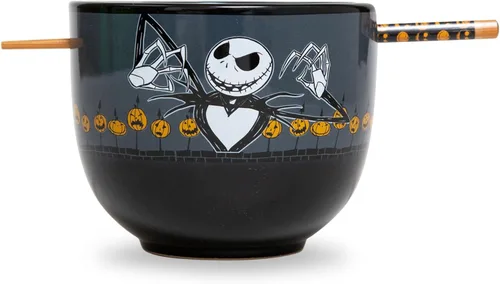 Toynk Disney The Nightmare Before Christmas Scary Jack - Juego de vajilla de cerámica | Incluye cuenco de fideos ramen de 20 onzas y palillos de