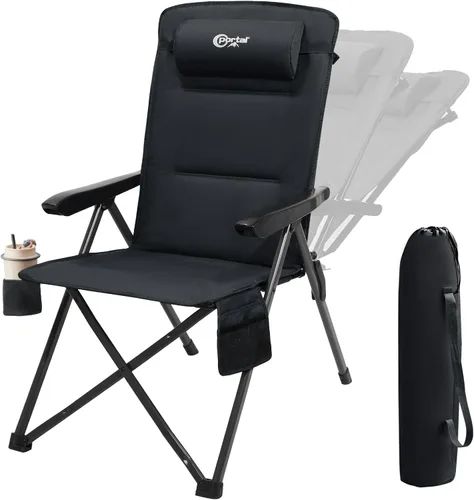 Portal Silla reclinable de campamento con respaldo ajustable plegable para adultos, portátil, respaldo alto, de gran tamaño, 350 libras (negro)