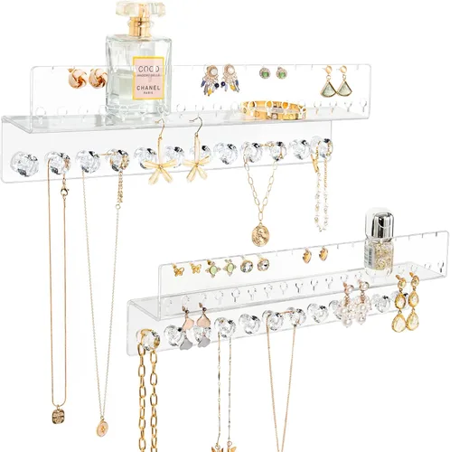 Organizador de joyas colgante de acrílico montado en la pared con estante flotante, organizador de collar y organizador de aretes para mujeres y