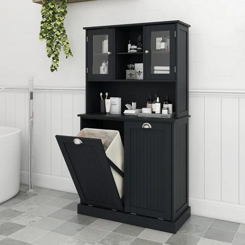 Miniatura 11 de Cesto de Ropa Sucia Alto con Puertas Dobles Abatibles, Gabinetes Grandes de Almacenamiento Extraíbles para Cuarto de Lavado, Gabinete de Baño