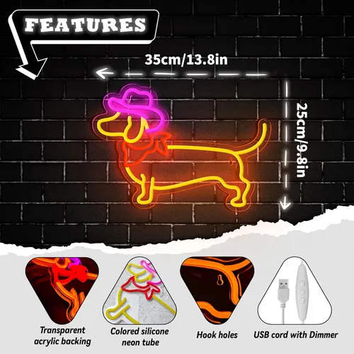 Miniatura 2 de Letrero de Neón de Dachshund para Decoración de Pared, Letrero de Perro de Neón, Lindo Cachorro con Sombrero de Vaquero, Letrero de Luz LED