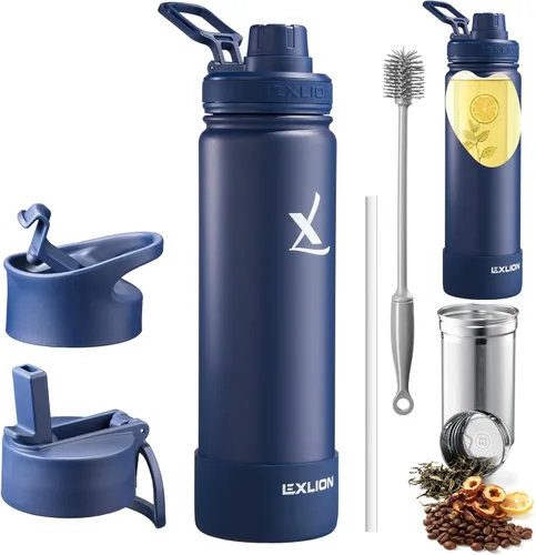 Miniatura 19 de Lexlion Botella de Agua con Infusor de Té 32 Oz – Termo de Acero Inoxidable con Triple Pared Aislada, Colador para Hojas Sueltas y Frutas, 3 Tapas a