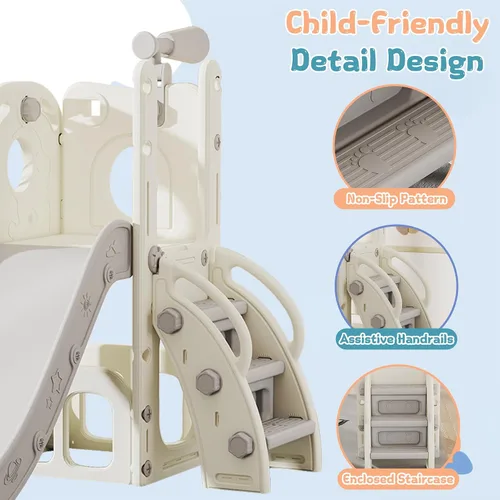 Miniatura 5 de Tobogán 6 en 1 para niños de 1 a 3 años, para interiores y exteriores, con aro de baloncesto, almacenamiento, escalador y telescopio, gran regalo