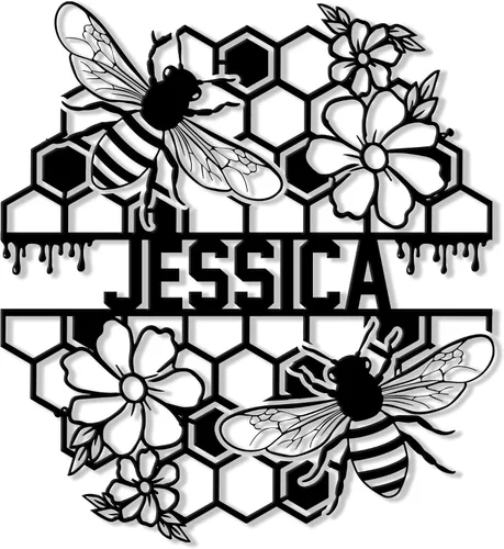 Miniatura 10 de Letrero de metal personalizado de abeja, cartel colgante de abeja de miel, porche de bienvenida al aire libre, valla de pared con nombre