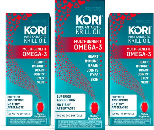 Kori Krill Suplemento de aceite Omega 3, aceite de krill antártico con absorción superior frente a aceite de pescado, 400 mg cápsulas blandas, EPA y